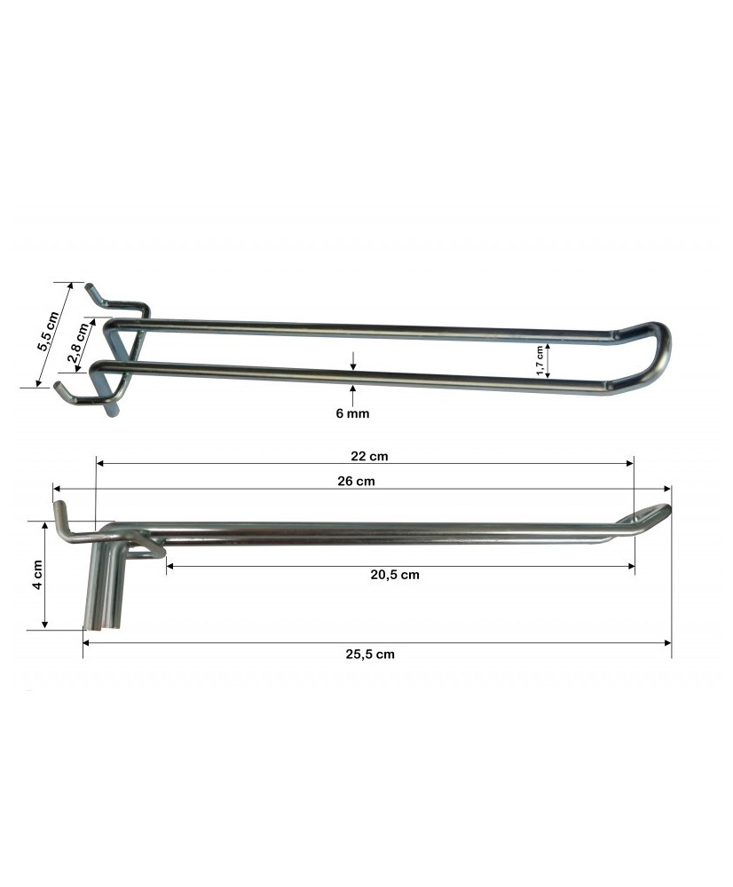 Haczyk uchwyt do regału metalowego sklepowego podwójny 26 cm