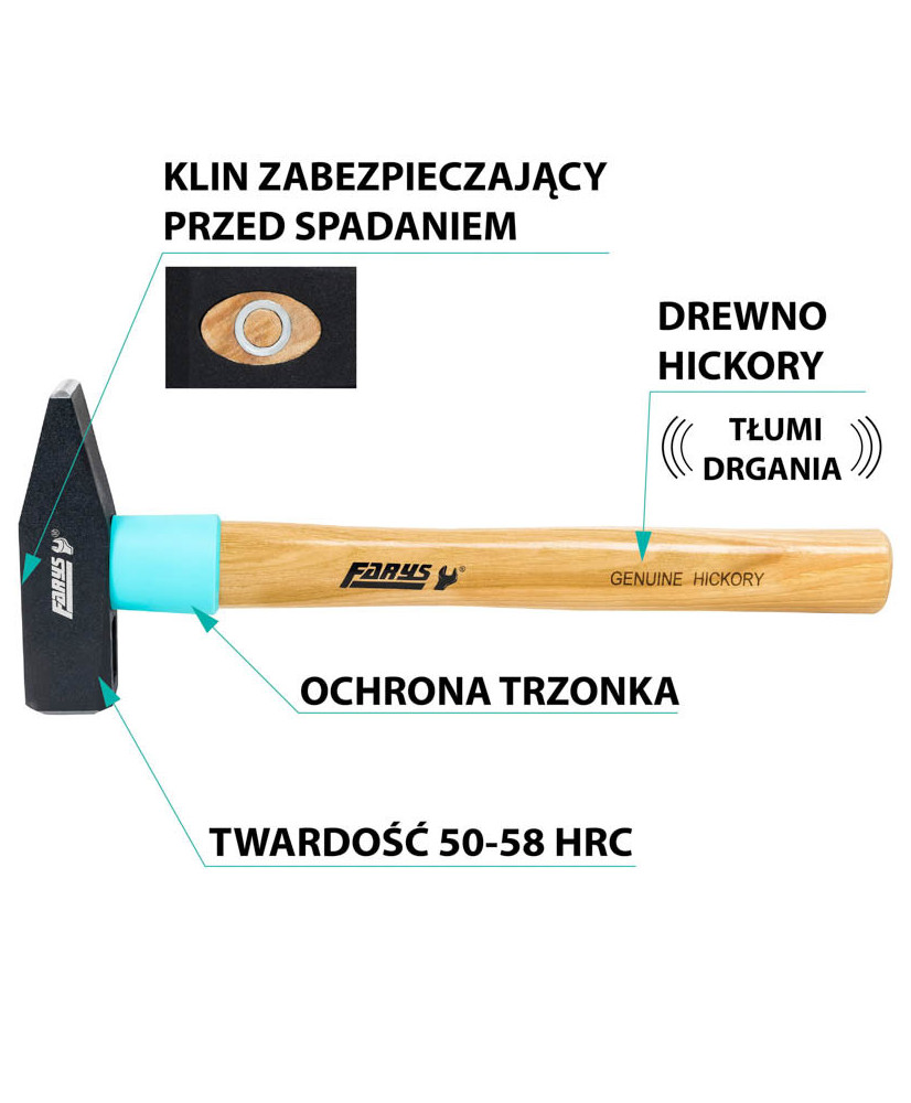 Młotek ślusarski 500g z drewnianym hikorowym trzonkiem FR9764