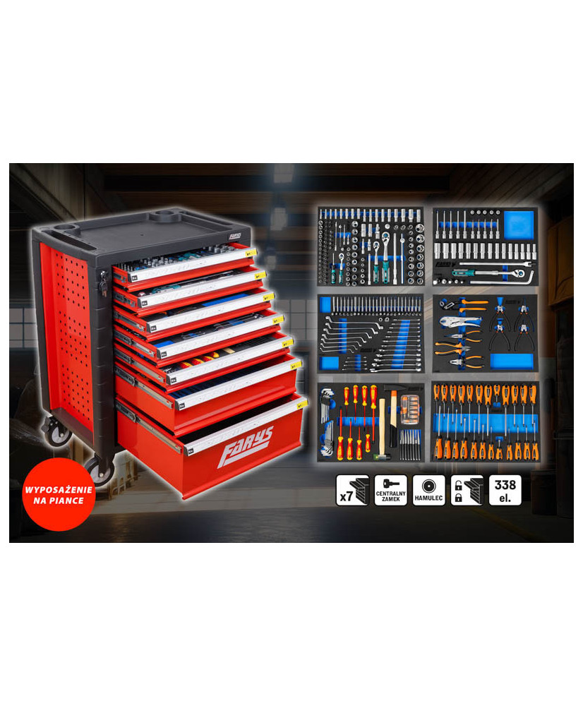 SZAFKA NARZĘDZIOWA WARSZTATOWA NA KÓŁKACH WYPOSAŻENIE 338El. FR4064 NA PIANCE