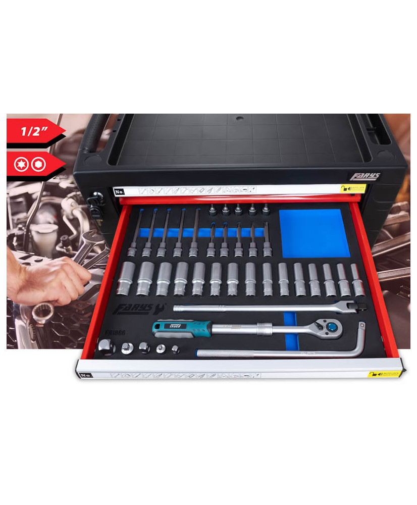 SZAFKA NARZĘDZIOWA WARSZTATOWA NA KÓŁKACH WYPOSAŻENIE 338El. FR4064 NA PIANCE