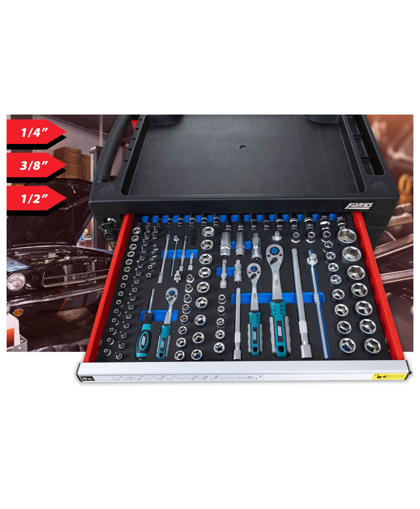 SZAFKA NARZĘDZIOWA WARSZTATOWA NA KÓŁKACH WYPOSAŻENIE 338El. FR4064 NA PIANCE