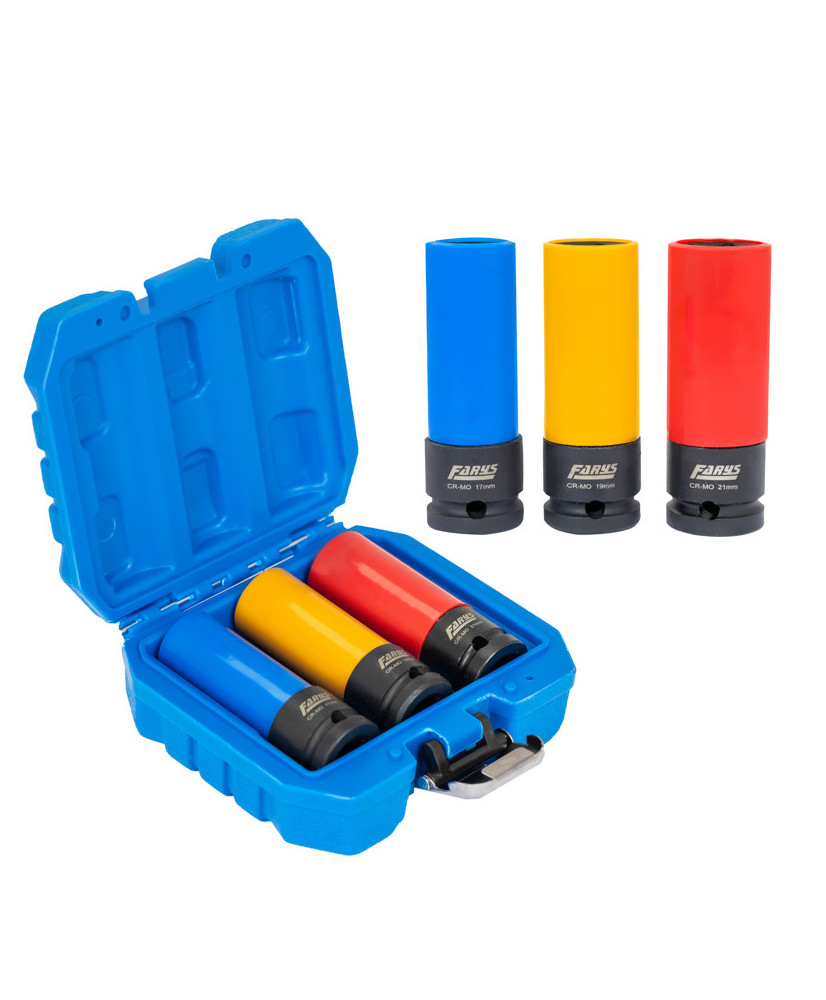 Nasadki do felg aluminiowych alufelg 1/2'', 17, 19, 21mm - zestaw 3szt. Farys FR2378