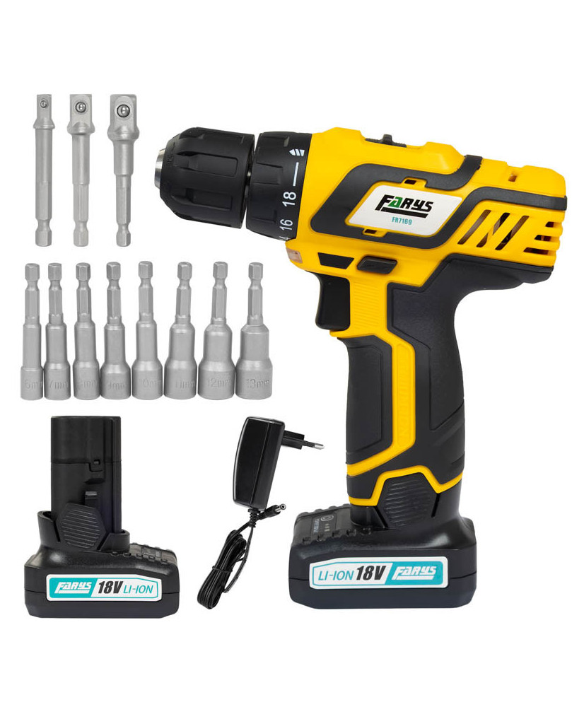 Wiertarko wkrętarka 18V w zestawie z nasadkami i adapterami FR7169+ FR2607+ FR2605