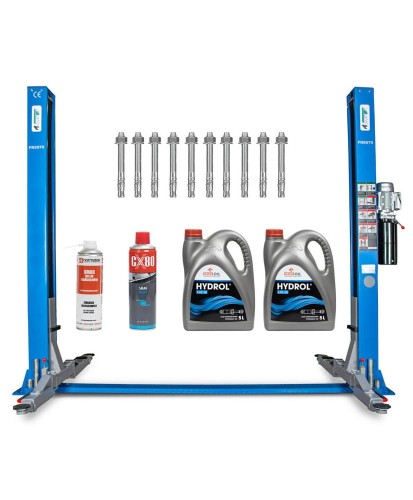 Podnośnik dwukolumnowy extra długie ramiona półautomat 4T FR5070 + kotwy + smar + olej