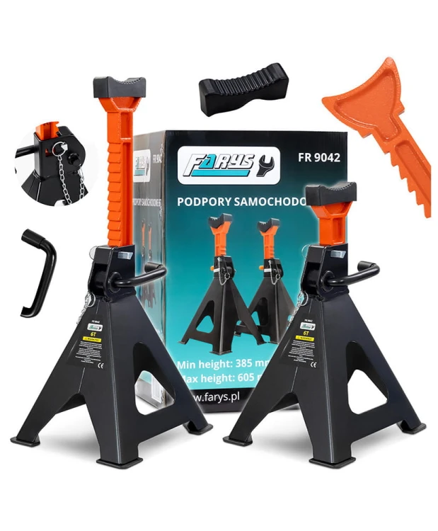 2X KOBYŁKI 6T PODSTAWKI WARSZTATOWE PODPORY Z BLOKADĄ GUMĄ PINEM REGULOWANE FR9042