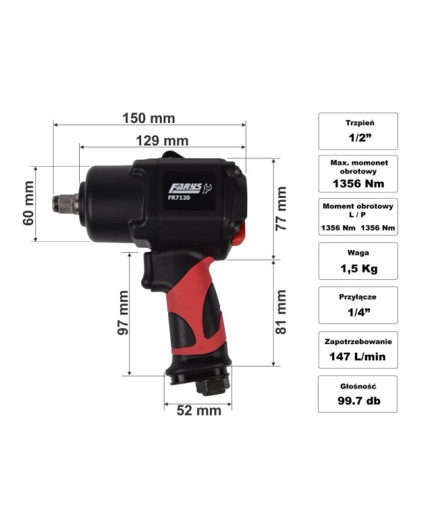Klucz pneumatyczny udarowy 1/2" 1356Nm FR7120 w zestawie z nasadkami FR2565