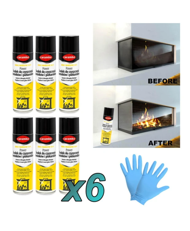 6szt. Caramba Aktywna pianka do czyszczenia szyb kominków i piecyków 500ml + 2x rękawiczki (1para)