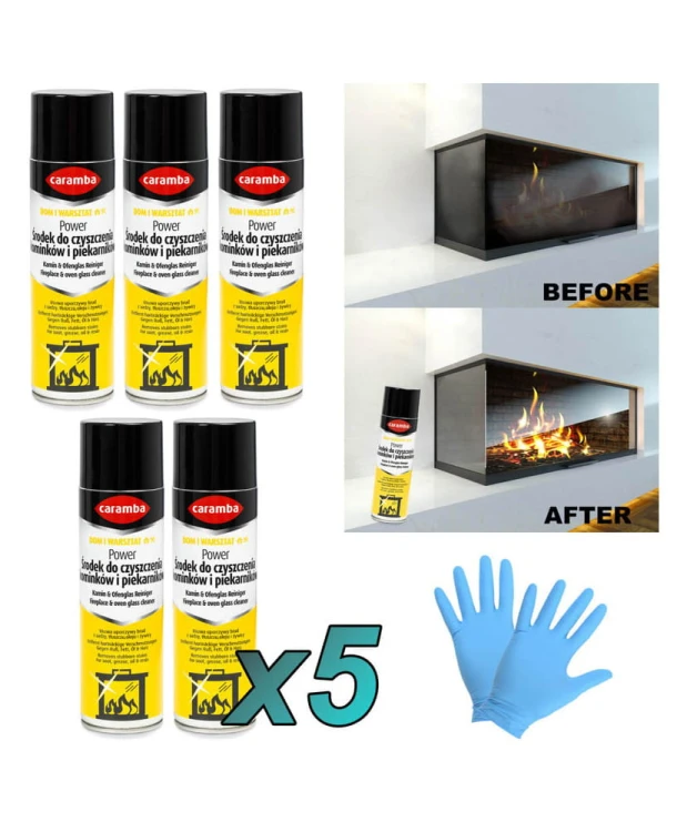 5szt. Caramba Aktywna pianka do czyszczenia szyb kominków i piecyków 500ml + 2x rękawiczki (1para)