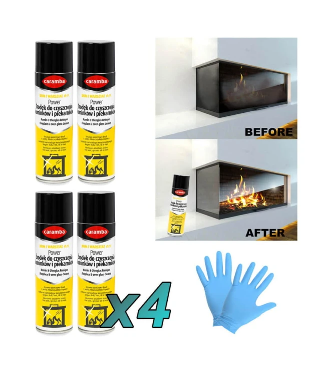 4szt. Caramba Aktywna pianka do czyszczenia szyb kominków i piecyków 500ml + 2x rękawiczki (1para)