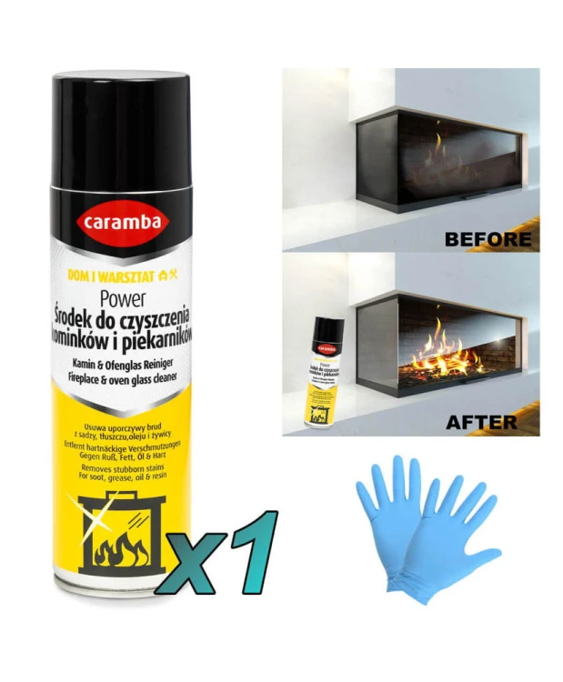 1x Caramba Aktywna pianka do czyszczenia szyb kominków i piecyków 500ml + 2x rękawiczki (1para)