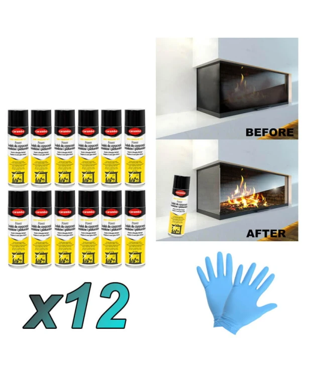 12szt. Caramba Aktywna pianka do czyszczenia szyb kominków i piecyków 500ml + 2x rękawiczki (1para)