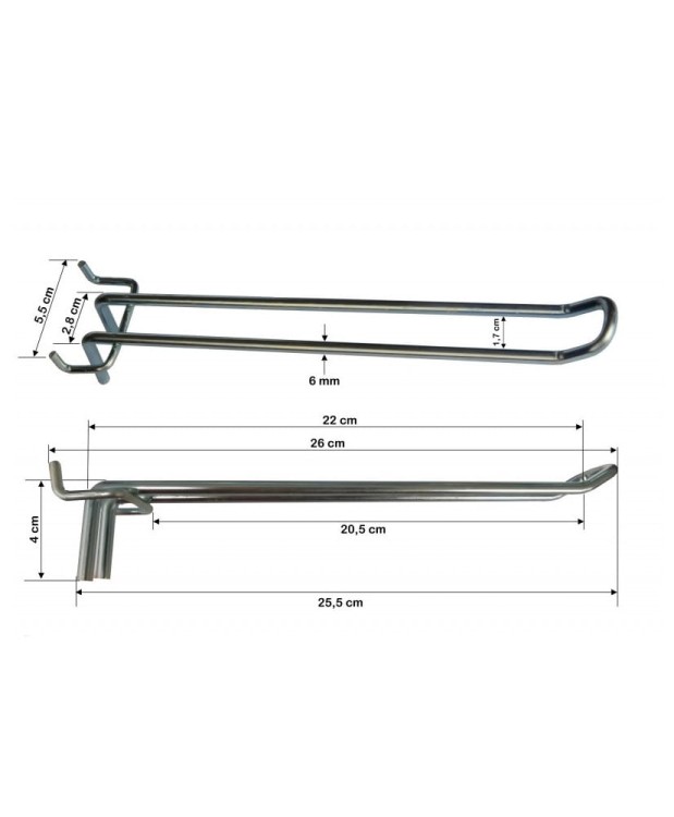 Haczyk uchwyt do regału metalowego sklepowego podwójny 26 cm