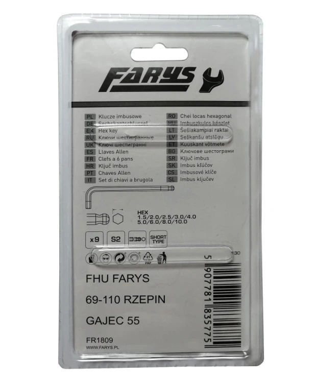 Zestaw kluczy Imbusowych z końcówką kulistą, Krótkie, Typ L  FR1809