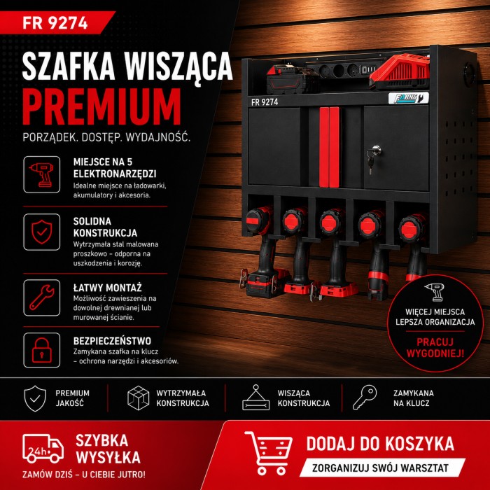 Czarna metalowa szafka wisząca FR 9274 do warsztatu z czerwonymi akcentami, wyposażona w miejsce na 5 elektronarzędzi, zamykaną szafkę na klucz, półkę z listwą zasilającą oraz przestrzeń na ładowarki i akumulatory. Szafka przeznaczona do montażu na ścianie w nowoczesnym warsztacie
