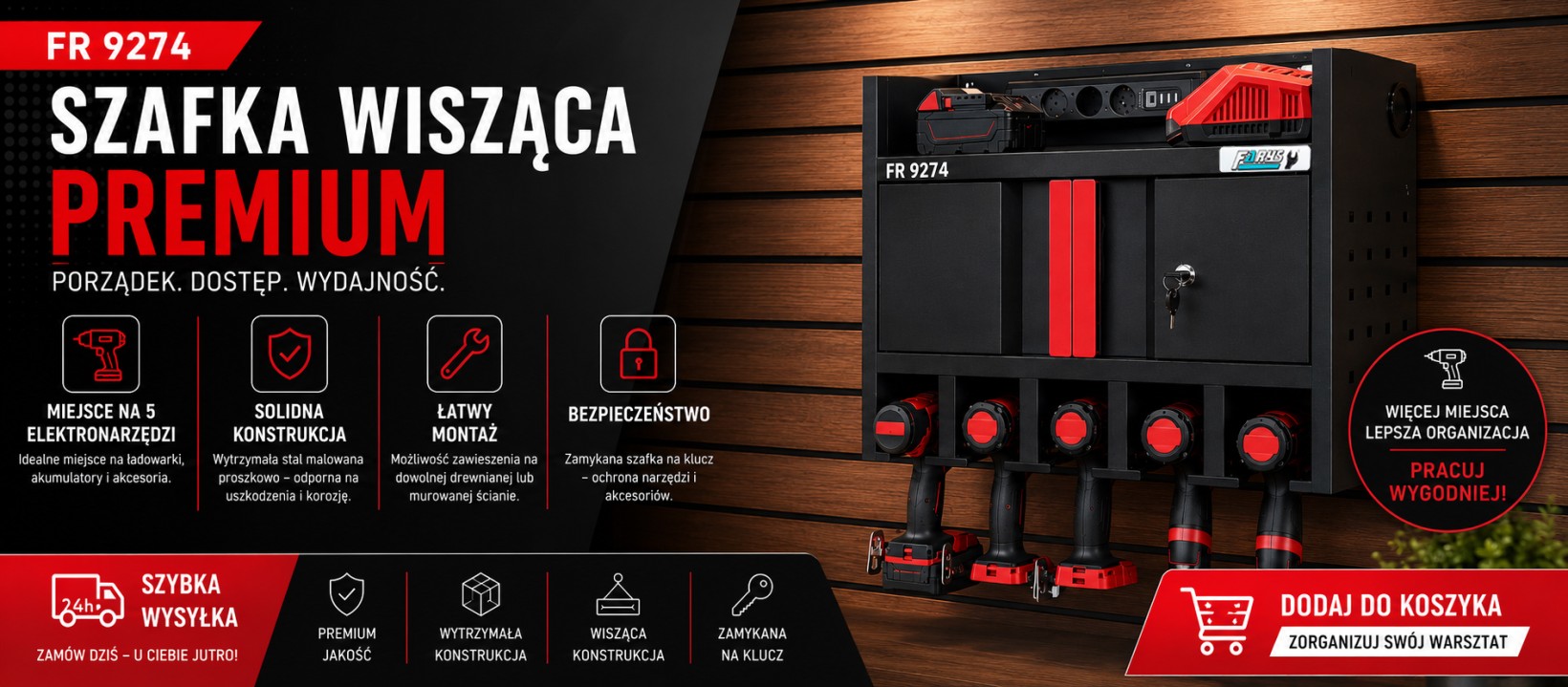 Czarna metalowa szafka wisząca FR 9274 do warsztatu z czerwonymi akcentami, wyposażona w miejsce na 5 elektronarzędzi, zamykaną szafkę na klucz, półkę z listwą zasilającą oraz przestrzeń na ładowarki i akumulatory. Szafka przeznaczona do montażu na ścianie w nowoczesnym warsztacie