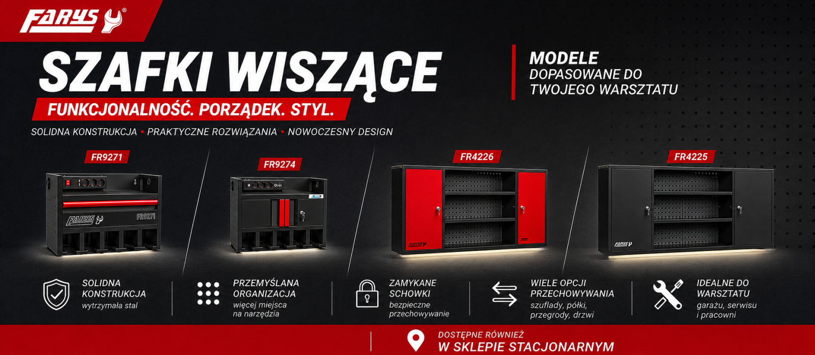 Szafki wiszące FARYS do warsztatu i garażu – modele FR9271, FR9274, FR4226 i FR4225. Wytrzymałe stalowe szafki ścienne do organizacji narzędzi i akcesoriów warsztatowych.