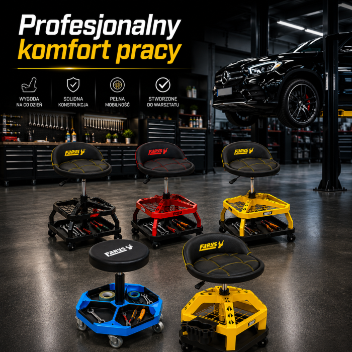 Stołek warsztatowy z komfortowym siedziskiem dla mechaników