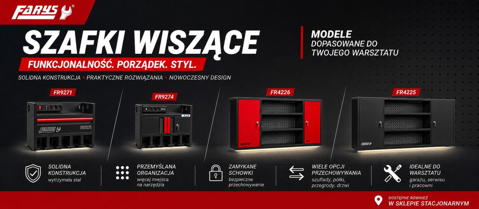 Szafki wiszące FARYS do warsztatu i garażu – modele FR9271, FR9274, FR4226 i FR4225. Wytrzymałe stalowe szafki ścienne do organizacji narzędzi i akcesoriów warsztatowych.