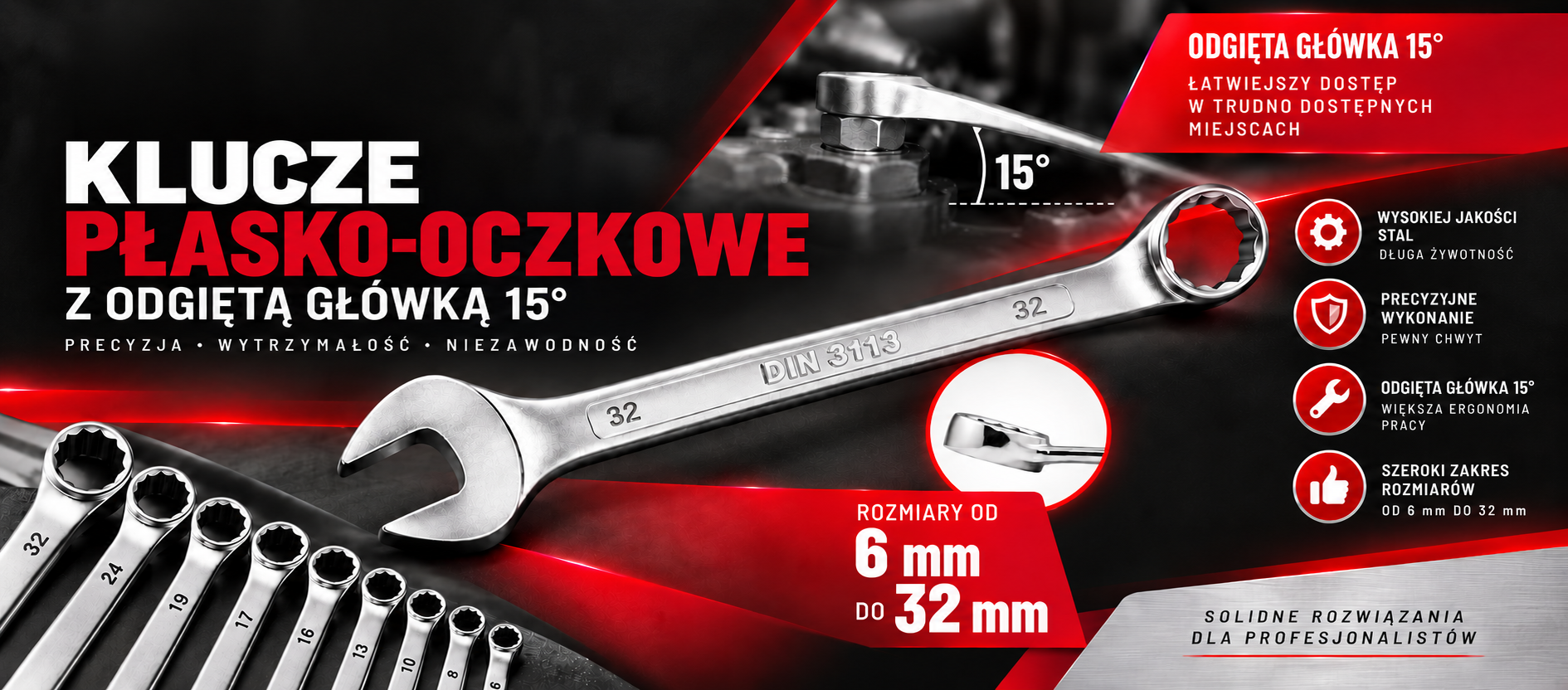 Klucze płasko-oczkowe FARYS z odgiętą główką 15°, wykonane z wysokiej jakości stali, dostępne w rozmiarach od 6 do 32 mm