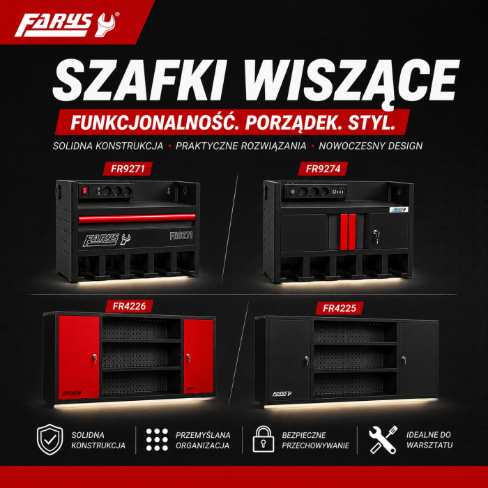 Szafki wiszące FARYS do warsztatu i garażu – modele FR9271, FR9274, FR4226 i FR4225. Wytrzymałe stalowe szafki ścienne do organizacji narzędzi i akcesoriów warsztatowych.