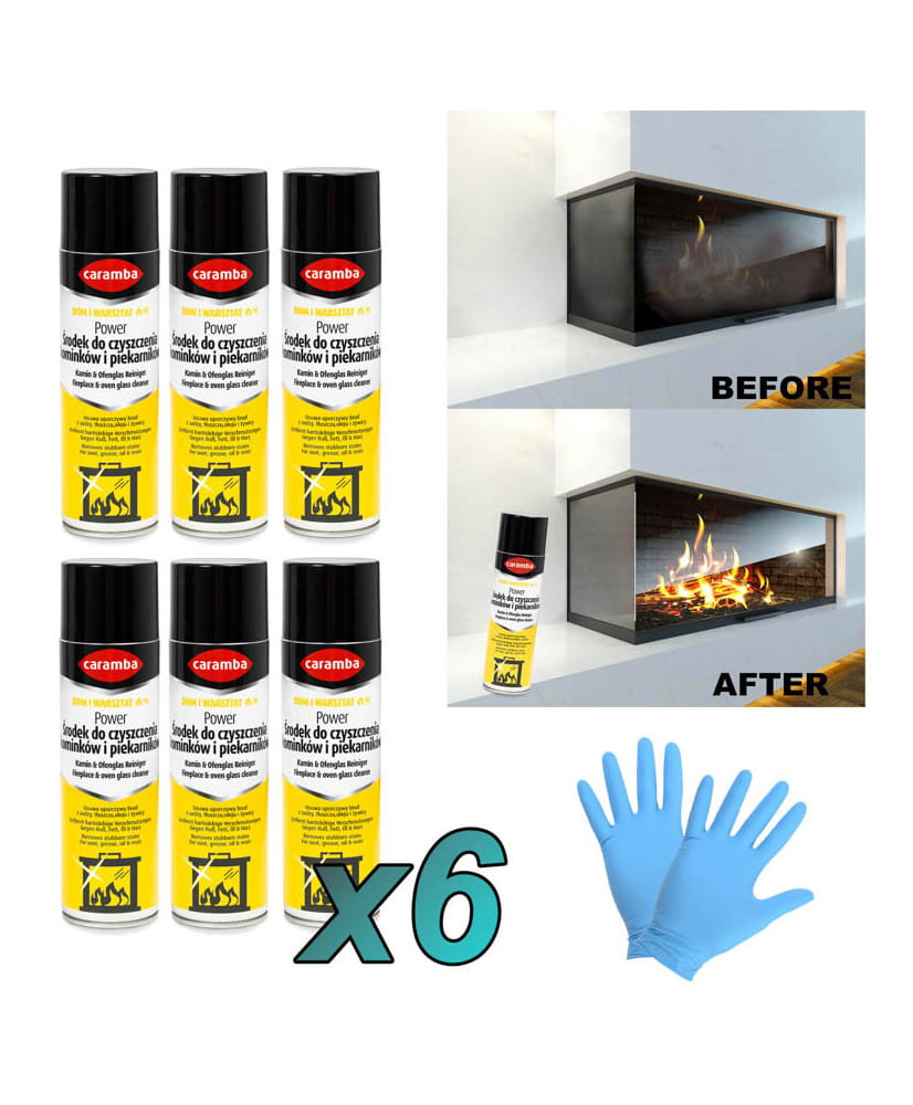6szt. Caramba Aktywna pianka do czyszczenia szyb kominków i piecyków 500ml + 2x rękawiczki (1para)