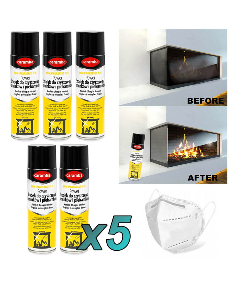 5szt. Caramba Aktywna pianka do czyszczenia szyb kominków i piecyków 500ml + 1x maseczka FFP2