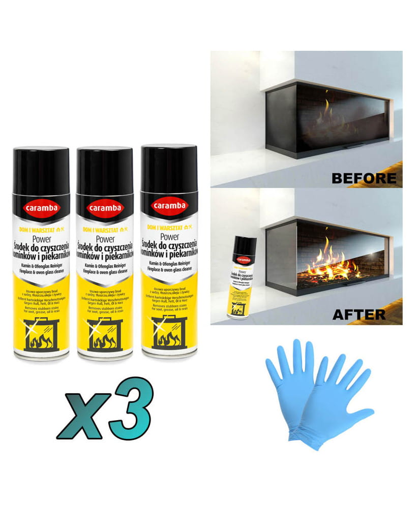 3szt. Caramba Aktywna pianka do czyszczenia szyb kominków i piecyków 500ml + 2x rękawiczki (1para)