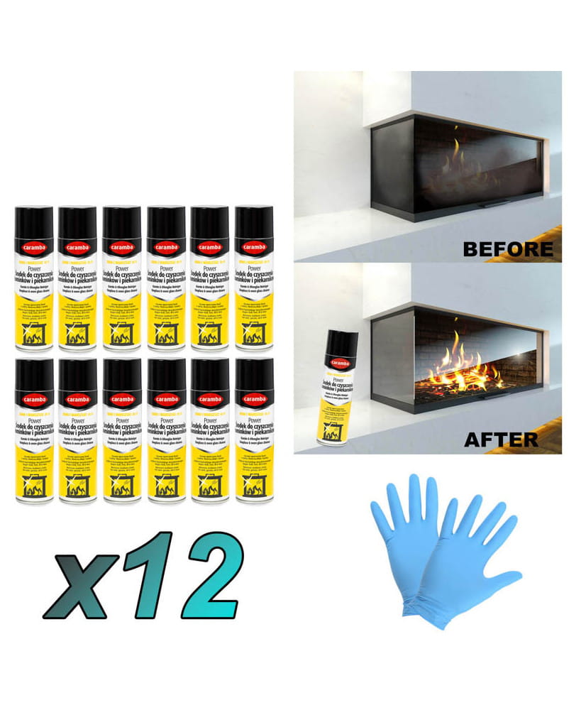 12szt. Caramba Aktywna pianka do czyszczenia szyb kominków i piecyków 500ml + 2x rękawiczki (1para)
